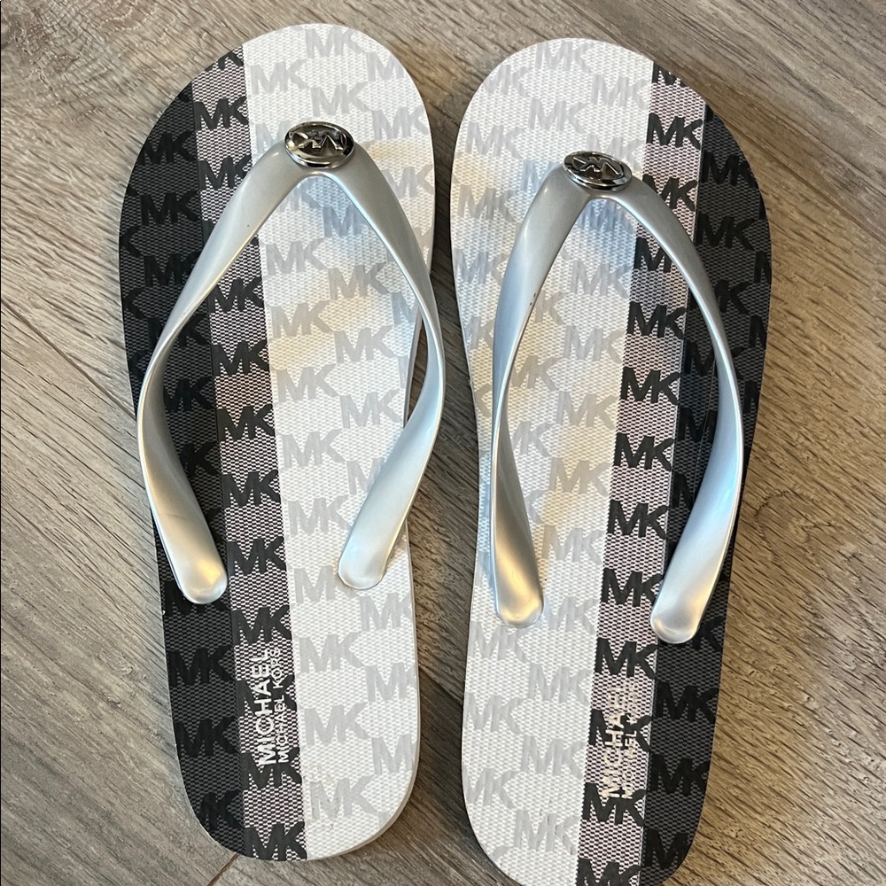Michael Kors Silver and Black Logo Flip Flops